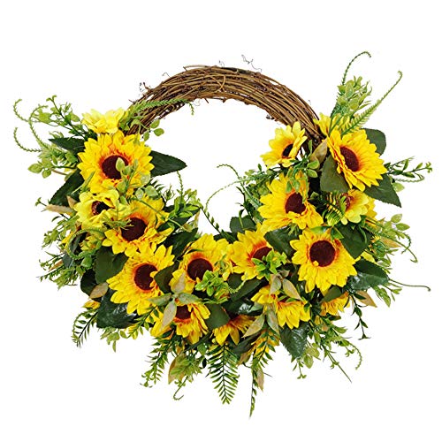 Lifelike Sunflower Wreath – Spring Summer Floral Door Window Wreath with Green Leaves, Home Office Door Wall Wedding Holiday Rustic Decor
