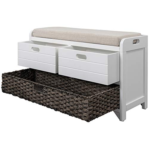 Knocbel Farmhouse Storage Bench, Hallway Entryway Bedroom Cabinet with Drawers, Removable Cushion & Wicker Basket, Fully Assembled, 32″ L x 11.8″ W x 20″ H (White)