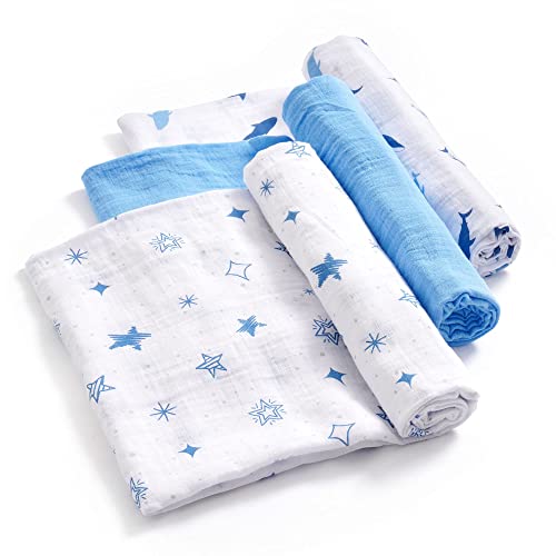 DaysU Muslin Swaddle Blankets for Newborn Babies, Breathable Cotton Baby Muslin Blankets for Boys, Large 47”x47”, Set of 3 – Blue/Dolphin/Star