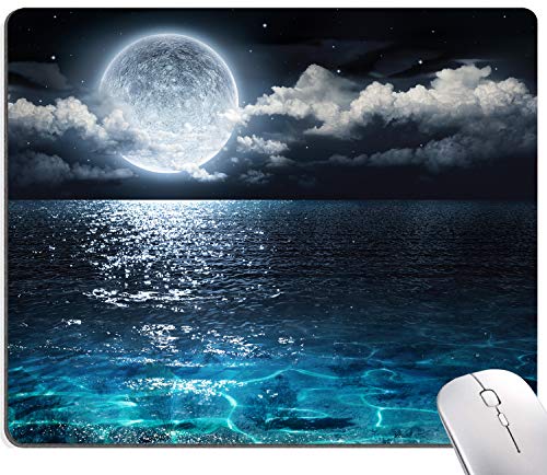 Ocean and Moon Mouse Pad, Moon Illuminating The Clear Blue Ocean Design Mouse Pad, Mouse Mat Square Waterproof Mouse Pad Non-Slip Rubber Base MousePads for Computer Laptop Men Women Kids