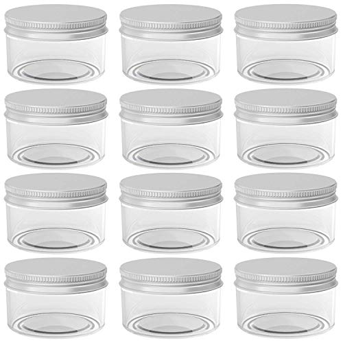 2 Ounce Plastic Container Jars Refillable Empty Cosmetic Containers for Cream, Lotion, Liquid, Ointments, Silver Lids 12 Pcs