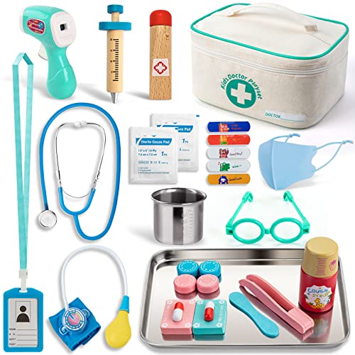 Tigerhu Kids Pretend Play Set of Doctor Toys, 27pcs Doctor Set with Role Play Kits Thermometer, Syringe, Stethoscope etc Kids Medical Kits Storage Bag, Educational Toys for Boys,Girls Ages 3,4,5,6