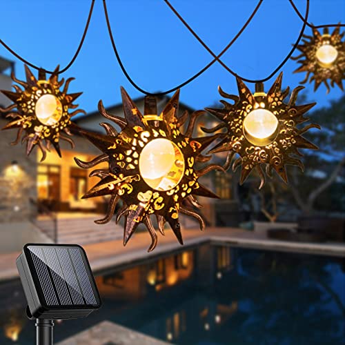 Outdoor Solar String Lights with Star Moon Sun 13Ft 153In Led Solar Powered Fairy Decorative Lights for Garden Patio Yard Wedding Party (Warm White) (Sun String Lights)