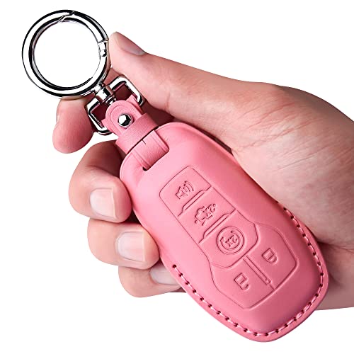 Tukellen for Ford Leather Key Fob Cover with Keychain Compatible with 2013-2016 Ford Fusion 2015-2017 Ford Mustang F-150 Explorer-Pink
