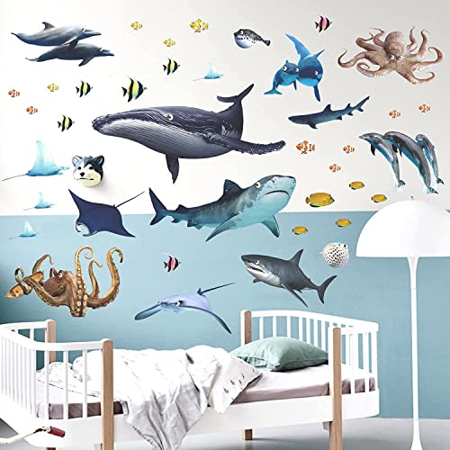 MEFOSS 3D Removable Ocean Animals Fish Wall Decals Stickers DIY Under the Sea Octopus Dolphin Whale Shark Wall Stickers Peel and Stick Removable Wall Stickers Art for Kids Room Bedroom Living Room Baby Nursery Bathroom Wall Decor