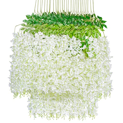 White Wisteria Hanging Flowers – 12 Pack 3.6 Feet/Piece Artificial Fake Wisteria Vine Rattan Hanging Garland Silk Flowers String for Home Party Wedding Garden Outdoor Décor