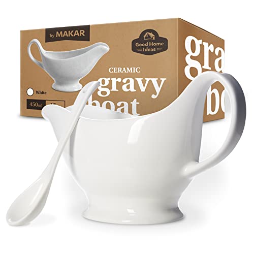 MaKar Gravy Boat, 15 oz, Spoon, Gravy Boat for Salad Dressings Milk, Sauce, Broth, Creamer, Microwave & Dishwasher Safe