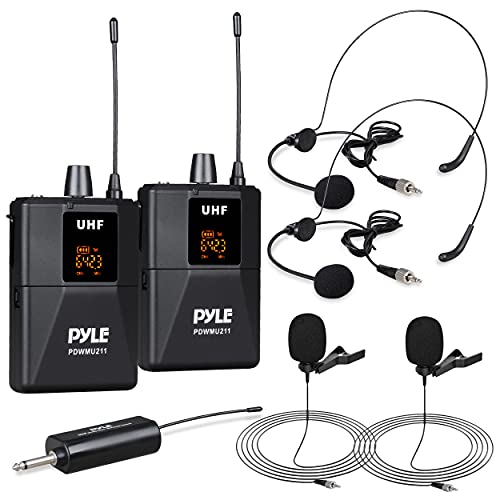 Pyle Dual UHF Microphone System – Portable Professional Cordless Microphone Set Wireless Mic Kit w/Headset / Lavalier Mic, Beltpack Transmitter, Receiver – Karaoke & Conference – Pyle PDWMU211