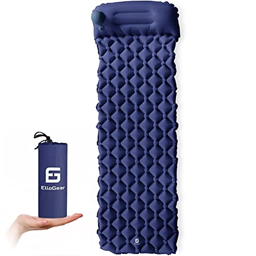 ElloGear Camping Self-Inflating Air Sleeping Pad Mat Foot Pump with Pillow, Great Compact Air Sleeping Pad for Tent Travel, Backpacking, Hiking, Sleeping Over (Navy)