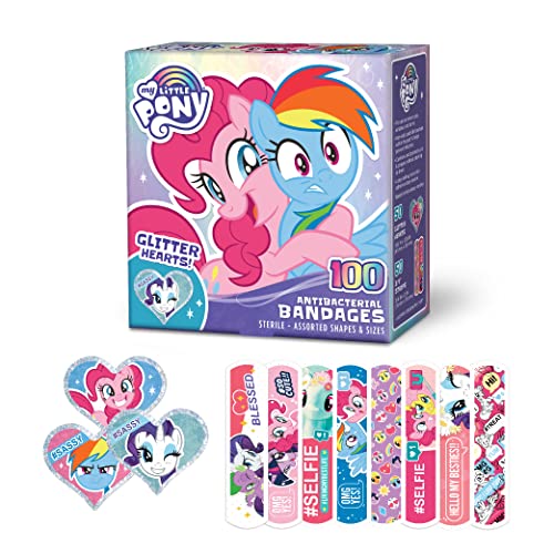 My Little Pony Kids Glitter Bandages, 100 ct Assorted Shapes & Sizes | Wear Like Stickers, Adhesive Antibacterial Bandages for Minor Cuts, Scrapes, Burns. Easter Basket Stuffers for Kids & Toddlers