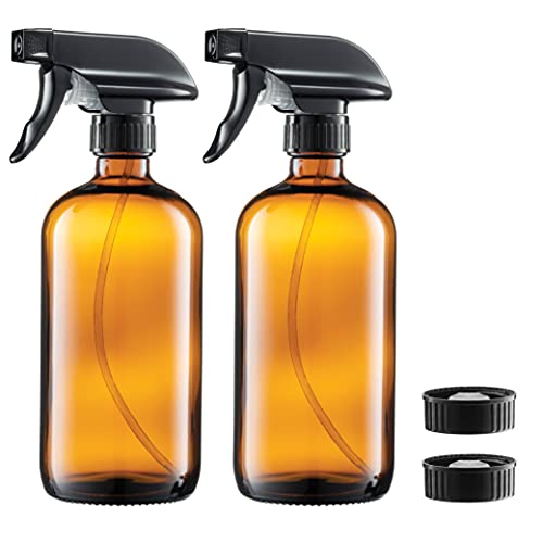 Amber Glass Spray Bottles – 16-Ounce (2-Pack) Refillable Glass Sprayer Container with Durable Leakproof Trigger Sprayer with Mist/Stream/Lock for Cleaning Products, Essential Oils, Aromatherapy, Water