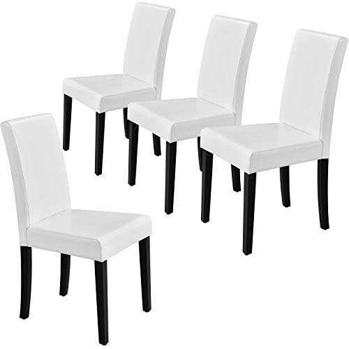 Yaheetech Dining Chair Faux Leather Parson Chair Modern Kitchen Living Room Side Chair Upholstered Padded Armless Chair with Solid Wood Legs Set of 4, White