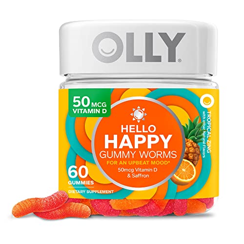 OLLY Hello Happy Gummy Worms, Mood Balance Support, Vitamin D, Saffron, Adult Chewable Supplement, Tropical Zing – 60 Count