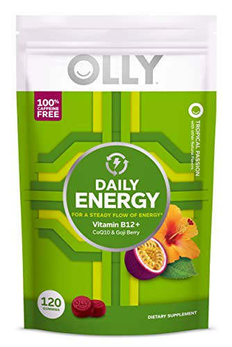 OLLY Daily Energy Gummy, Caffeine Free, Vitamin B12, CoQ10, Goji Berry, Adult Chewable Supplement, Tropical Flavor – 120 Count Pouch