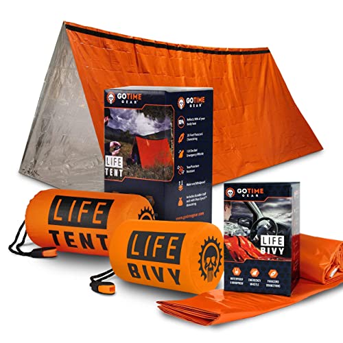 Go Time Gear – Life Bivy Emergency Sleeping Bag Thermal Bivvy and Life Tent Emergency Survival Shelter – Emergency Sleeping Bags and Survival Tent – Emergency Bag Bundle (Orange)