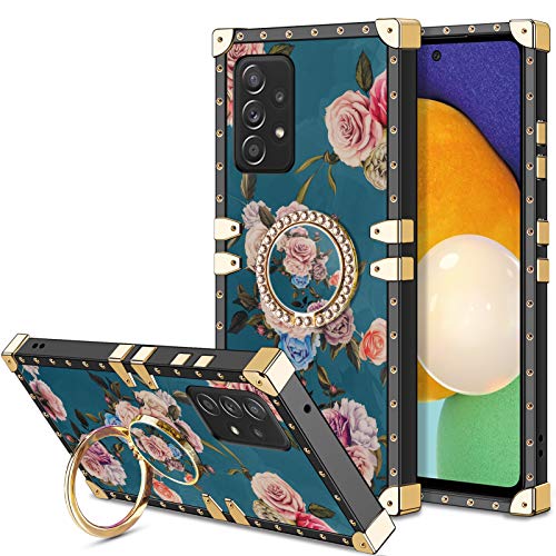HoneyAKE for Samsung Galaxy A52 5G Case with Ring Stand Holder Floral Elegant Soft TPU Reinforced Corner Shock-Absorbing Protective Cover Square Case Compatible with Samsung Galaxy A52 6.5 inch Peony
