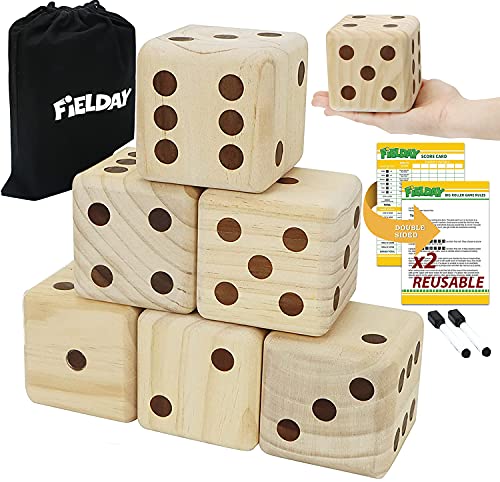 JOYIN 3.5 inch Giant Wood Yard Dice Large Dice Game Set with 6 Wooden Dice, 2 Double Sided Score Sheets, Dry Erase Marker, and a Durable Storage Bag, Good Yard Games for Kids and Adults
