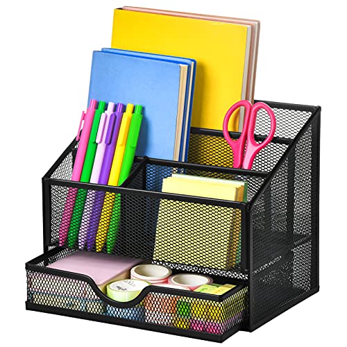 Marbrasse Upgraded Mesh Desk Supplies Organizer with Drawer, Office Desktop Organizers and Accessories, Desk Stationery Organizer Caddy for School, 4 Compartments Pencil Holder (Black)