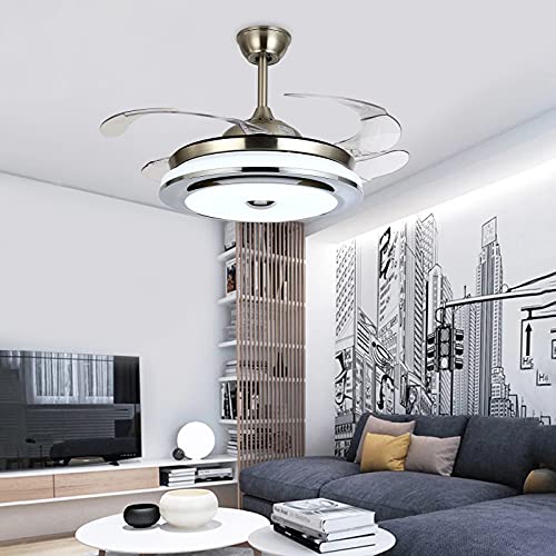Fineshine 42″Inch Modern Retractable Ceiling Fans with Light and Bluetooth Speaker,3 Changing Color LED Bluetooth Fan Chandelier with Remote Control 42W for Bedroom Living Room Dining Room Decoration