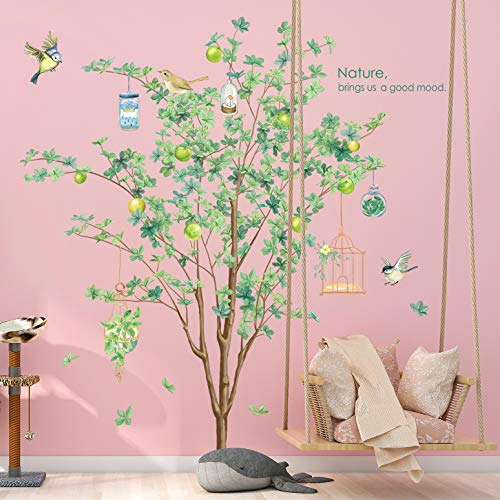 RW-DZ29 Large Green Tree Wall Decals 3D Green Tree Birds Wall Stickers Birdcage Plant Flower Decals DIY Removable Green Tree Animals Wall Art Decor for Kids Baby Bedroom Living Room Nursery Office