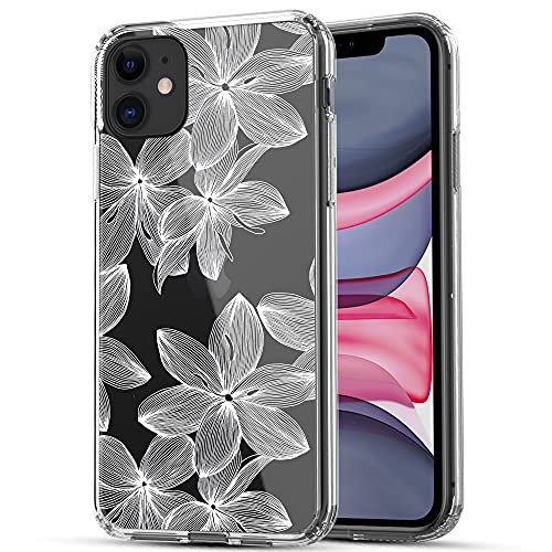 RANZ iPhone 11 Case, Anti-Scratch Shockproof Series Clear Hard PC+ TPU Bumper Protective Cover Case for iPhone 11 (6.1 inch) – White Flower