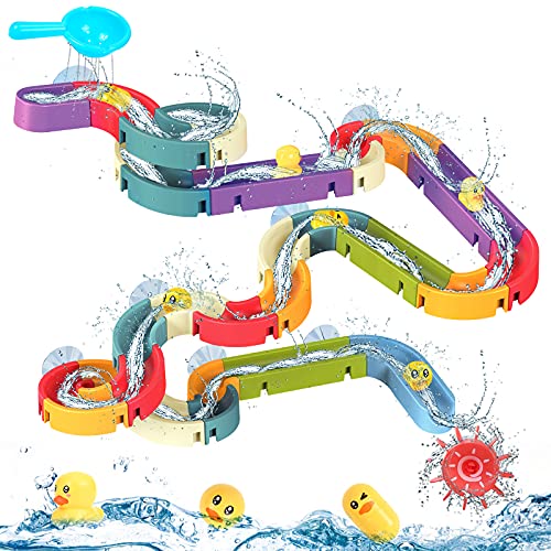WELLVO 48 PCS Bath Toys for Kids 3 4 5 6 7 8 Years Water Bathtub Toy Slide with Suction Cups Duck Slide Toddler Bath Toys Fun Bath Time Toys DIY Take Apart Set Shower Birthday Gift for Boys and Girls