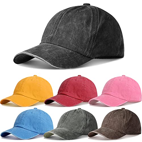 7 Pieces Unisex Vintage Washed Distressed Baseball Hat Baseball Cap Twill Adjustable Dad Hat (Yellow, Black, Pink, Wine Red, Coffee, Green, Lake Blue)