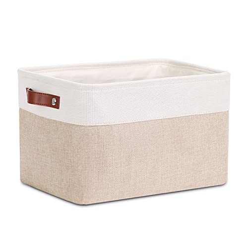 DULLEMELO Fabric Storage Basket for Shelves/Closets, Collapsible Rectangle Basket for Organizing Clothes, Toys, Towels, Books, Laundry, Nursery, Dog Toy Basket Empty (White&Khaki)