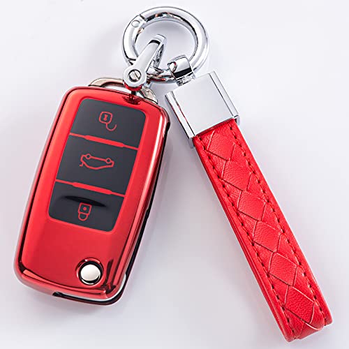 for VW Key Fob Cover,Compatible for VW Beetle Passat Tiguan Touran Jetta MK1-MK6 Golf GTI/Rabbit/R/MK6/MK5 Premium Soft TPU Full Protection 3-Buttons Key Fob Shell, Red