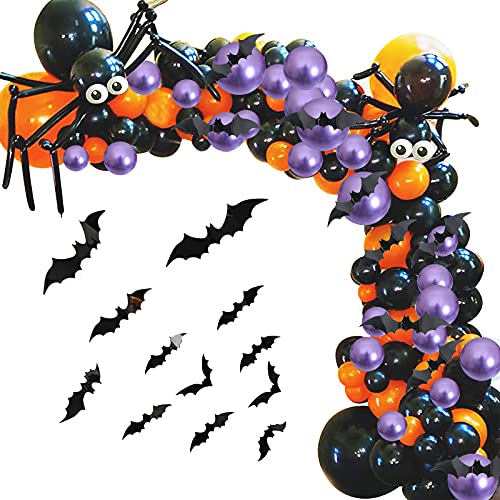 Halloween Balloon Garland Arch kit, 185PCS Balloons Halloween Decoration, DIY Spiders Balloons Black Orange Purple Balloons with 3D Bat Stickers for Halloween Party Supplies