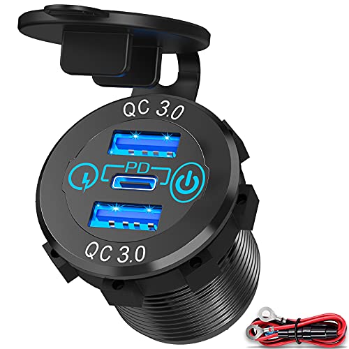 56W USB C Car Charger Socket, Ouffun Aluminum Metal 12V/24V Multiple USB Outlet PD 20W USB-C and Dual QC3.0 Ports with Power Switch Car USB Port 12V Socket for Car RV Boat Marine Truck Golf Motorcycle