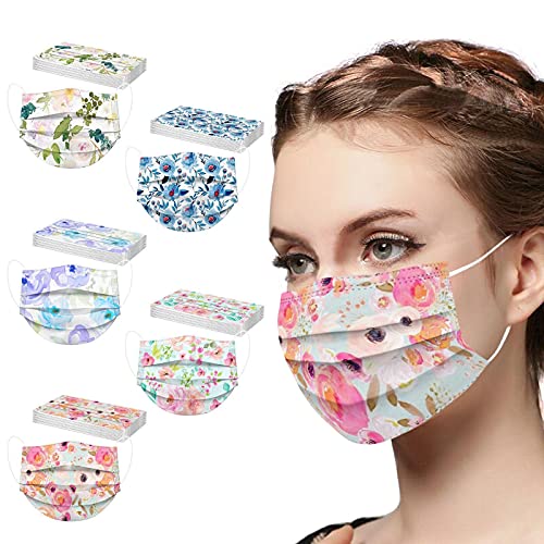 5 Colors Adults Flower Printed Disposable Face_Masks for Glasses Wearers 3-ply Colorful Floral Rose Breathable Facemask for Adult Face Protective Shield With Nose Wire Outdoors Indoors 50Pc
