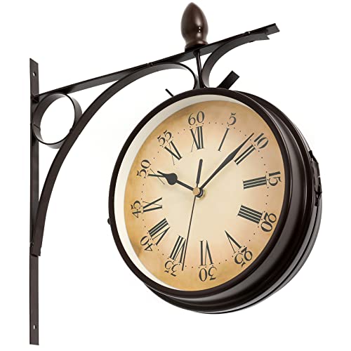 IRONWALLS Hanging Double Sided Clock, Metal Iron Vintage Wall Clock, Battery Operated Quiet Silent European Style Wall-Mounted Antique Retro Clock for Patio, Cafe, Garden, Home Decor