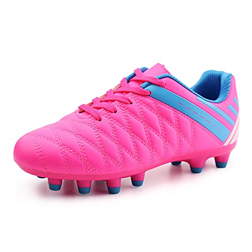brooman Kids Athletic Soccer Cleats Boys Girls Outdoor Firm Ground Football Shoes (12,Pink)