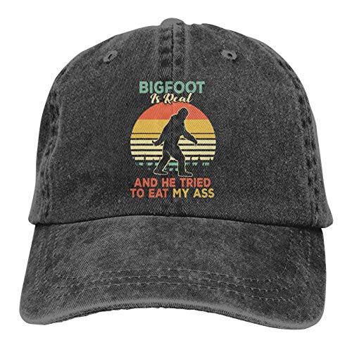 Bigfoot is Real and He Tried to Eat Hat, Funny Sasquatch Gifts for Men Women, Adjustable Vintage Denim Dad Baseball Cap (Bigfoot is Real and He Tried to Eat My Ass-Black, One Size)