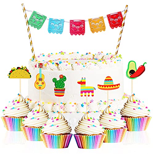 43 Pcs Fiesta Cupcake Topper and Picado Banner For Fiesta Party Decorations Mexican cake topper For Mexican Themed Cactus Donkey Taco Pepper Sombrero Mustache Party Decorations (Fresh Style)
