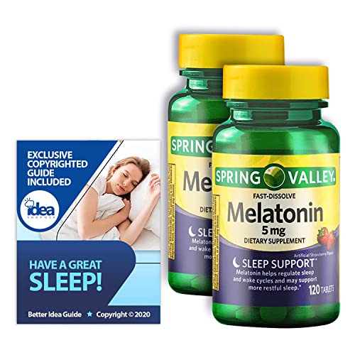 Melatonin Fast-Dissolve Tablets, 5mg by Spring Valley, 120 Ct (2 Pack) Bundle with Exclusive”Have a Great Sleep” – Better Idea Guide (3 Items)