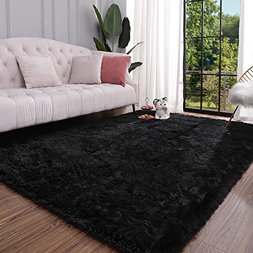 Keeko Premium Fluffy Black Area Rug Cute Shag Carpet, Extra Soft and Shaggy Carpets, High Pile, Indoor Fuzzy Rugs for Bedroom Girls Kids Living Room Home, 4×5.3 Feet