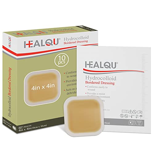 Healqu Hydrocolloid Wound Dressing – 4×4″ Bordered – Box of 10 Large Bandages – Sterilized Bordered Hydrocolloid Patches for Bed Sores, Abrasions, and More – Waterproof and Absorbent with Protective