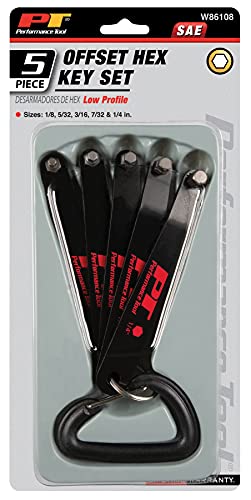 Performance Tool W86108 SAE Low Profile Offset Hex Key Wrench Tool Set for Workshops and Garages, Black, 5-Piece Set