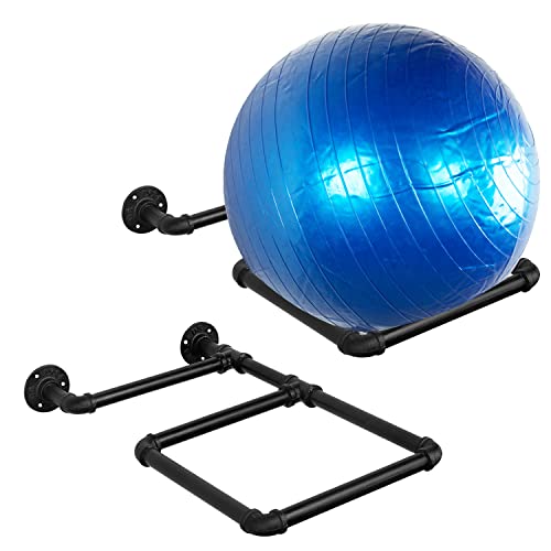 MyGift Wall-Mounted Exercise Ball Rack | Black Industrial Pipe Yoga Stability Ball Storage Display Holder for Home Gym and Studios, Set of 2