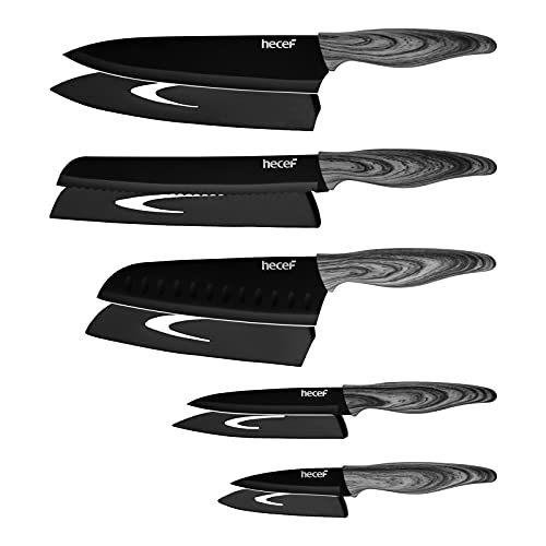 hecef 5 PCS Non-stick Coated Kitchen Knife Set with PP Handle and Protective Sheath, Exclusive Black Chef knife set, Scratch Resistance & Rust Proof (Wood Grain)
