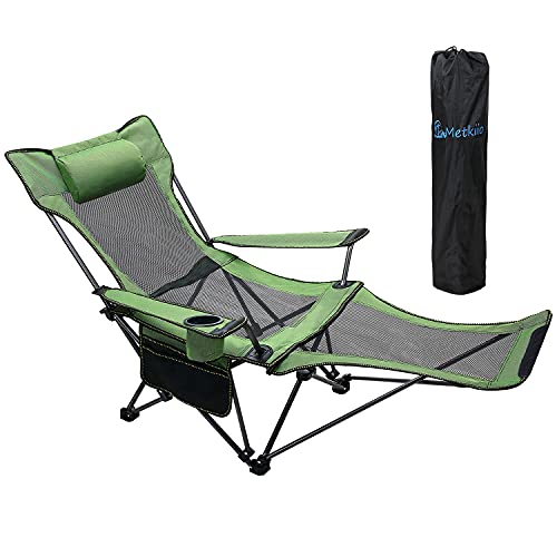 METKIIO Portable Camping Chair with Adult Detachable Footrest Mesh Folding Recliner, Can Sit and Lie Down, with Cup Holder and Storage Mesh Bag, Net Weight 9.5 Pounds, Heavy Support 330lbs, Green…