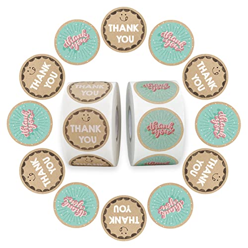 MGHLB Thank You Stickers, 1000PCS 1.5” Kraft Paper Adhesive Small Business Label Rolls for Envelopes, Bags, Boxes, Handicrafts(2 Rolls, 500 PCS Per Roll)