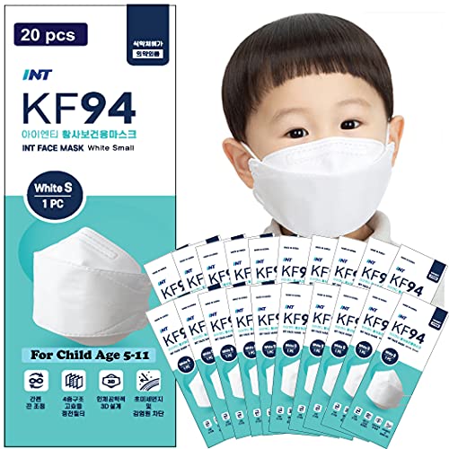 INT 【 20 Pack KF94 Kids Face Mask, White Color, Small Size for Child 5-11 Years Old, 4-Layered Face Safety, Use for Elementary Students