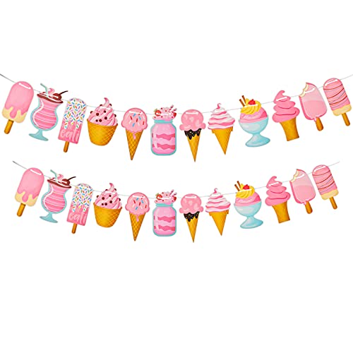 2 Pieces Ice Cream Banner Banner Ice Cream Theme Party Decoration Party Supplies Signs Streamer Decor for Events Holidays School Summer Pool Beach Kid Happy Birthday Party