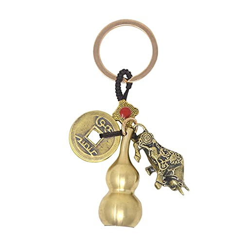 Feng Shui Money Copper Gourd Keychain w Zodiac Wealth Ox Statue and Wu Lou Gourd Calabash with Brass Five Emperors Coins FW4432