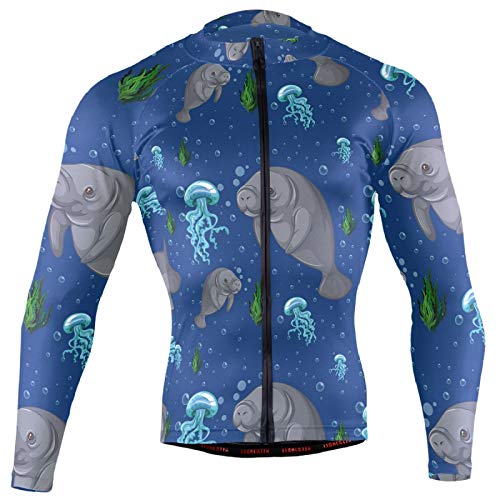 Grey Manatee Blue Jellyfishes Weeds In Blue Undersea Life Men Cycling Jersey Riding Shirts Long Sleeve Road Bike Outfit Icycle Clothes Quick Dry Motocross Jacket Full Zipper(M)