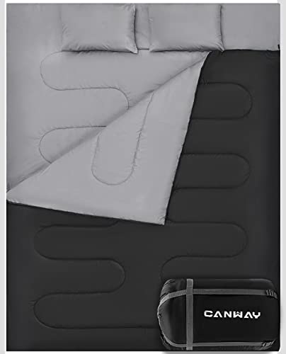 CANWAY Double Sleeping Bag with 2 Pillows, Waterproof Lightweight 2 Person Sleeping Bag for Camping,Backpacking, Hiking Outdoor Indoor for Adults or Teens Queen Size XL （Black-Polyester）