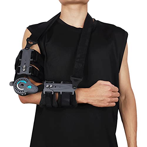 Komzer Hinged Elbow Brace, Adjustable Post OP ROM Elbow Brace with Sling Stabilizer Splint Arm Injury Recovery Support After Surgery (Right)